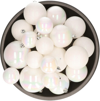 Decoris Kerstversiering kunststof kerstballen parelmoer wit 6-8-10 cm pakket van 38x stuks