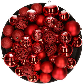 Decoris Kerstversiering kunststof kerstballen rood 6-8-10 cm pakket van 36x stuks - Kerstbal