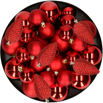 Decoris Kerstversiering kunststof kerstballen rood 6-8-10 cm pakket van 50x stuks - Kerstbal