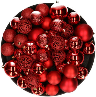 Decoris Kerstversiering kunststof kerstballen rood 6-8-10 cm pakket van 59x stuks - Kerstbal