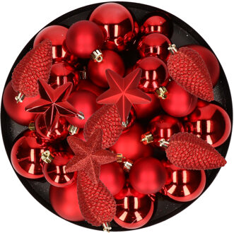 Decoris Kerstversiering kunststof kerstballen rood 6-8-10 cm pakket van 62x stuks - Kerstbal