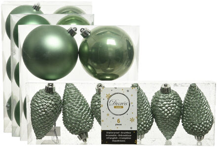 Decoris Kerstversiering kunststof kerstballen salie groen 6-8-10 cm pakket van 50x stuks - Kerstbal