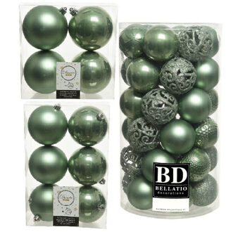 Decoris Kerstversiering kunststof kerstballen salie groen 6-8-10 cm pakket van 57x stuks - Kerstbal