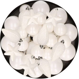 Decoris Kerstversiering kunststof kerstballen winter wit 6-8-10 cm pakket van 68x stuks