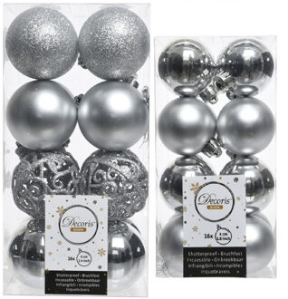 Decoris Kerstversiering kunststof kerstballen zilver 4-6 cm pakket van 32x stuks