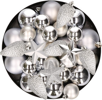 Decoris Kerstversiering kunststof kerstballen zilver 6-8-10 cm pakket van 68x stuks