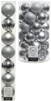 Decoris Kerstversiering kunststof kerstballen zilver 6-8 cm pakket van 51x stuks - Kerstbal Zilverkleurig