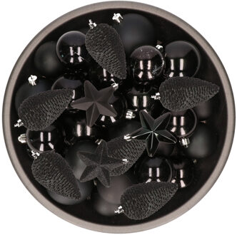 Decoris Kerstversiering kunststof kerstballen zwart 6-8-10 cm pakket van 62x stuks