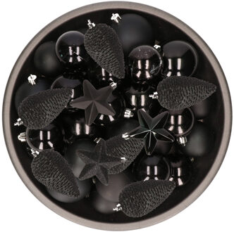Decoris Kerstversiering kunststof kerstballen zwart 6-8-10 cm pakket van 68x stuks