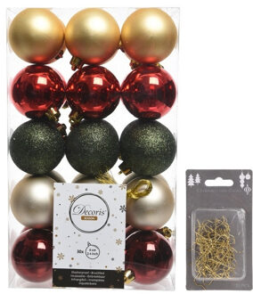 Decoris Kerstversiering mix pakket kunststof kerstballen 6 cm goud/groen/rood 30x stuks met haakjes - Kerstbal Multikleur