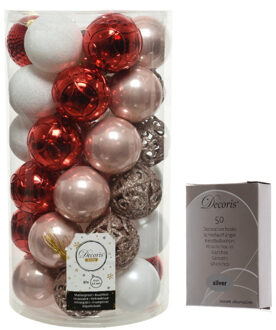 Decoris Kerstversiering mix pakket kunststof kerstballen 6 cm lichtroze/rood/wit 37x stuks met haakjes