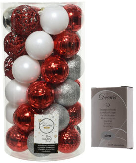 Decoris Kerstversiering mix pakket kunststof kerstballen 6 cm zilver/rood/wit 37x stuks met haakjes - Kerstbal Multikleur