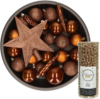 Decoris kerstversiering pakket 34x stuks kunststof bruin