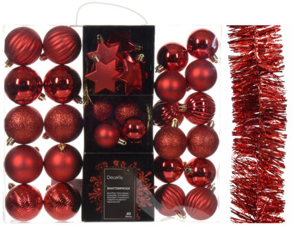 Decoris Kerstversiering- rood - kerstballen, ornamenten, slinger - kunststof - Kerstbal