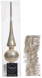 Decoris Kerstversiering set - 1x glazen piek glans 26 cm / 2x folieslingers licht parel/champagne