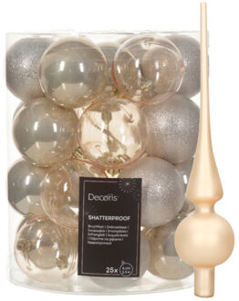 Decoris Kerstversiering set - 26-dlg - champagne - kunststof kerstballen en glazen piek