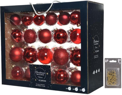 Decoris Kerstversiering set - 42 kerstballen - rood - glas - 5-7 cm - met gouden kerstbalhaakjes