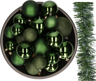 Decoris Kerstversiering set - donkergroen - 26x kerstballen 6-8-10 cm en kerstslinger - kunststof