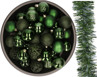 Decoris Kerstversiering set - donkergroen - 37x kerstballen 6 cm en kerstslinger - kunststof