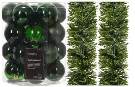 Decoris Kerstversiering set - donkergroen - kerstballen 6 cm en slingers- kunststof - Kerstbal