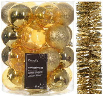 Decoris Kerstversiering set - goud - kerstballen 6 cm en slinger - kunststof - Kerstbal Goudkleurig