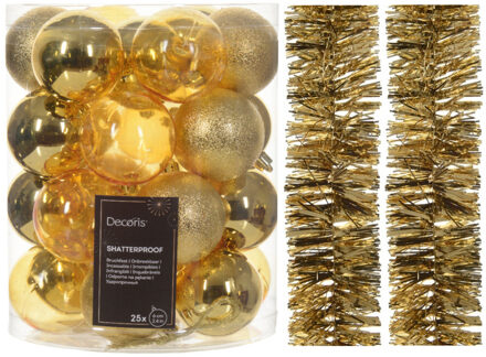 Decoris Kerstversiering set - goud - kerstballen 6 cm en slingers- kunststof - Kerstbal Goudkleurig