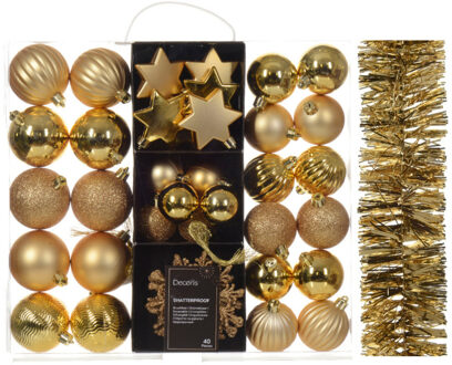 Decoris Kerstversiering set - goud - kerstballen, ornamenten en folie slinger - kunststof