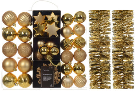Decoris Kerstversiering set - goud - kerstballen, ornamenten en folie slingers - kunststof
