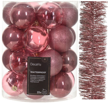 Decoris Kerstversiering set - oudroze - kerstballen 6 cm en slinger - kunststof - Kerstbal