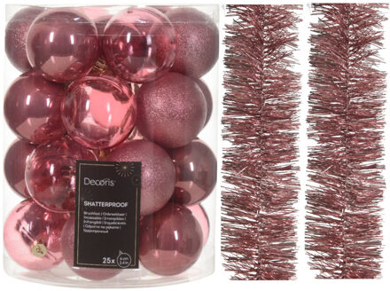 Decoris Kerstversiering set - oudroze - kerstballen 6 cm en slingers- kunststof - Kerstbal