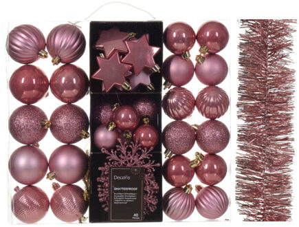 Decoris Kerstversiering set - oudroze - kerstballen, ornamenten en folie slinger - kunststof