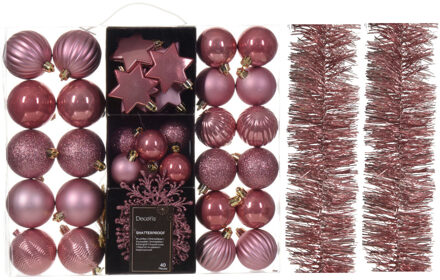 Decoris Kerstversiering set - oudroze - kerstballen, ornamenten en folie slingers - kunststof