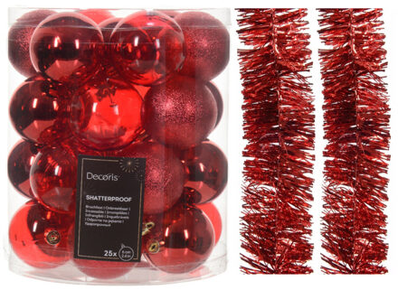 Decoris Kerstversiering set - rood - kerstballen 6 cm en slingers- kunststof - Kerstbal