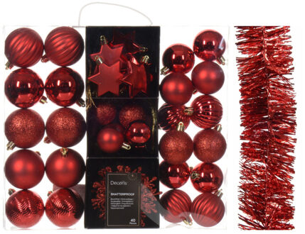 Decoris Kerstversiering set - rood - kerstballen, ornamenten en folie slinger - kunststof