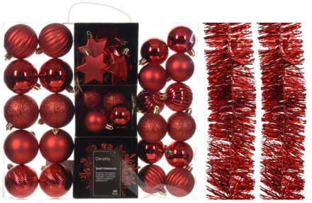 Decoris Kerstversiering set - rood - kerstballen, ornamenten en folie slingers - kunststof