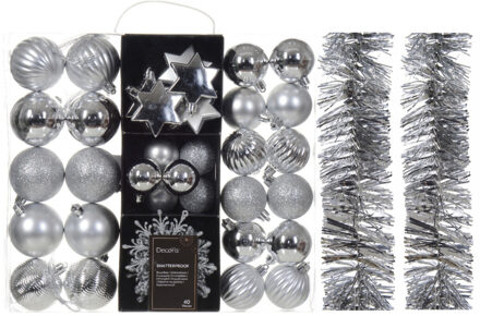 Decoris Kerstversiering set - zilver - kerstballen, ornamenten en folie slingers - kunststof