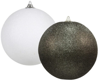 Decoris Kerstversieringen set van 2x extra grote kunststof kerstballen zwart en wit 25 cm glitter - Kerstbal Multikleur