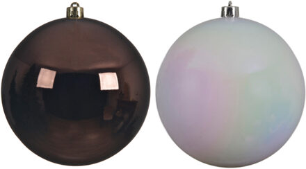 Decoris Kerstversieringen set van 2x grote kunststof kerstballen donkerbruin en parelmoer wit 20 cm glans - Kerstbal