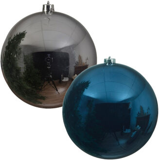 Decoris Kerstversieringen set van 6x grote kunststof kerstballen blauw en zilver 14 cm glans