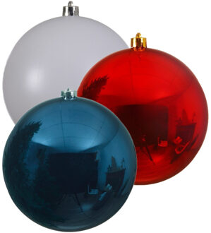 Decoris Kerstversieringen set van 6x grote kunststof kerstballen blauw-wit-rood 14 cm glans