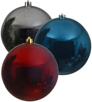 Decoris Kerstversieringen set van 6x grote kunststof kerstballen blauw-zilver-rood 14 cm glans - Kerstbal Multikleur