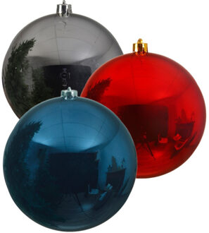 Decoris Kerstversieringen set van 6x grote kunststof kerstballen blauw-zilver-rood 14 cm glans