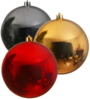 Decoris Kerstversieringen set van 6x grote kunststof kerstballen goud-zilver-rood 14 cm glans - Kerstbal Multikleur