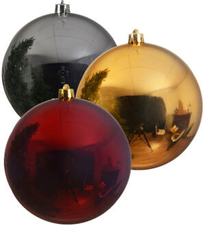 Decoris Kerstversieringen set van 6x grote kunststof kerstballen goud-zilver-rood 14 cm glans - Kerstbal Multikleur