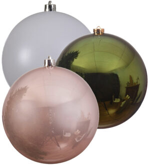 Decoris Kerstversieringen set van 6x grote kunststof kerstballen groen-wit-roze 14 cm glans - Kerstbal Multikleur