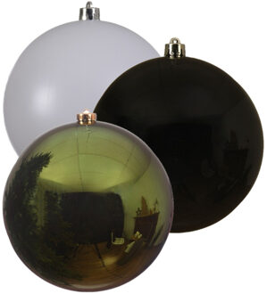 Decoris Kerstversieringen set van 6x grote kunststof kerstballen groen-wit-zwart 14 cm glans
