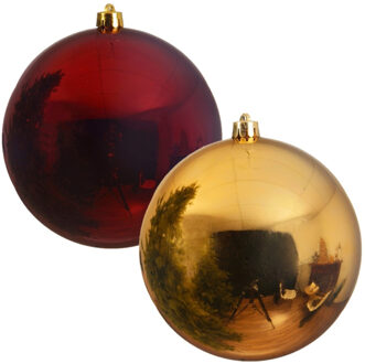 Decoris Kerstversieringen set van 6x grote kunststof kerstballen rood en goud 14 cm glans - Kerstbal Goudkleurig