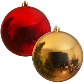 Decoris Kerstversieringen set van 6x grote kunststof kerstballen rood en goud 14 cm glans