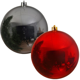 Decoris Kerstversieringen set van 6x grote kunststof kerstballen rood en zilver 14 cm glans