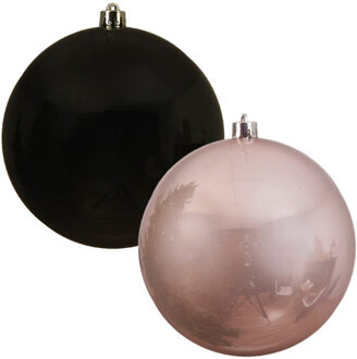 Decoris Kerstversieringen set van 6x grote kunststof kerstballen zwart en lichtroze 14 cm glans - Kerstbal Multikleur